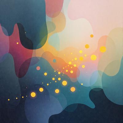 The primary subject of the image is a colorful, abstract artwork featuring a mix of blue, yellow, and orange colors. The setting is a black background, which contrasts with the vibrant colors of the artwork. The visual style appears to be a combination of digital art and illustration, creating a unique and eye-catching piece. The overall atmosphere of the image is lively and energetic, with the bright colors and dynamic patterns evoking a sense of movement and creativity.
